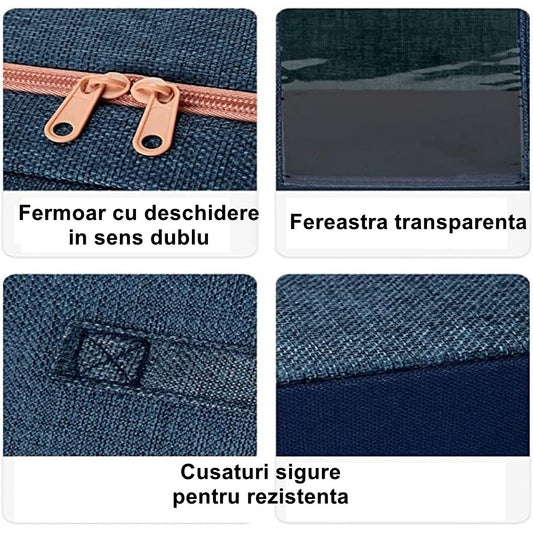 Cutie de Depozitare Pliabila, Flippy, Cu Fermoar, 24 L, Textil, 40x30x20 cm, Cadru Metalic, Suport Baza Stabil din Plastic, Albastru Marin cu Doua Ferestre-1