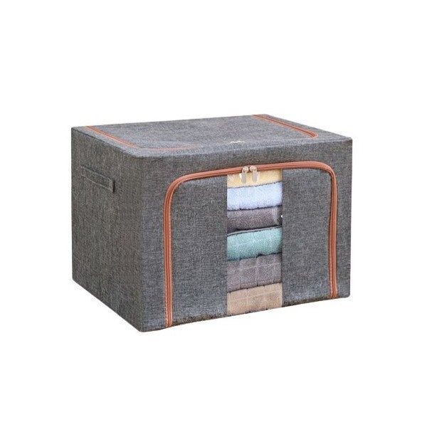 Cutie de Depozitare Pliabila, Flippy, 24 L, din Bumbac si In, 40x30x20 cm, Fereastra Frontala, 2 Usi de Acces cu Fermoar Bidirectional, Cadru Metalic, Suport Baza Stabil din Plastic, Gri-6