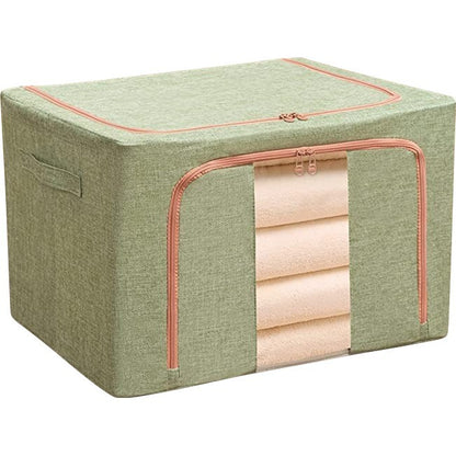Cutie de Depozitare Pliabila, Flippy, 24 L, din Bumbac si In, 40x30x20 cm, Fereastra Frontala, 2 Usi de Acces cu Fermoar Bidirectional, Cadru Metalic, Suport Baza Stabil din Plastic, Verde-3