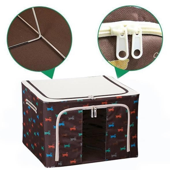 Cutie de Depozitare Pliabila, Flippy, 24 L, Panza Oxford, 40x30x20 cm, Fereastra Frontala, 2 Usi de Acces cu Fermoar Bidirectional, Cadru Metalic, Suport Baza Stabil din Plastic, Imprimeu Catelus, Maro/Bej-3