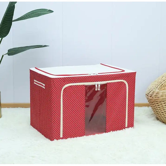 Cutie de Depozitare Pliabila, Flippy, 24 L, Panza Oxford, 40x30x20 cm, Fereastra Frontala, 2 Usi de Acces cu Fermoar Bidirectional, Cadru Metalic, Suport Baza Stabil din Plastic, Imprimeu Buline, Rosu-1