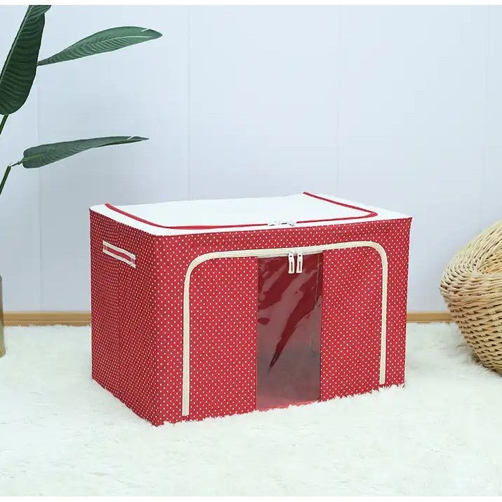 Cutie de Depozitare Pliabila, Flippy, 24 L, Panza Oxford, 40x30x20 cm, Fereastra Frontala, 2 Usi de Acces cu Fermoar Bidirectional, Cadru Metalic, Suport Baza Stabil din Plastic, Imprimeu Buline, Rosu-1