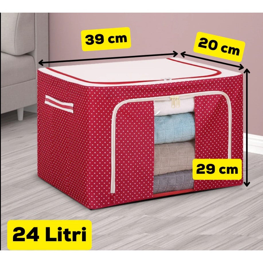 Cutie de Depozitare Pliabila, Flippy, 24 L, Panza Oxford, 40x30x20 cm, Fereastra Frontala, 2 Usi de Acces cu Fermoar Bidirectional, Cadru Metalic, Suport Baza Stabil din Plastic, Imprimeu Buline, Rosu-0