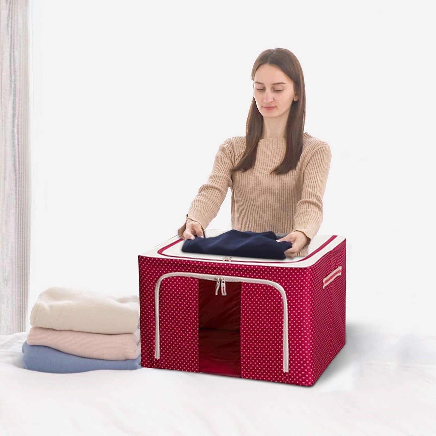 Cutie de Depozitare Pliabila, Flippy, 24 L, Panza Oxford, 40x30x20 cm, Fereastra Frontala, 2 Usi de Acces cu Fermoar Bidirectional, Cadru Metalic, Suport Baza Stabil din Plastic, Imprimeu Buline, Rosu-3