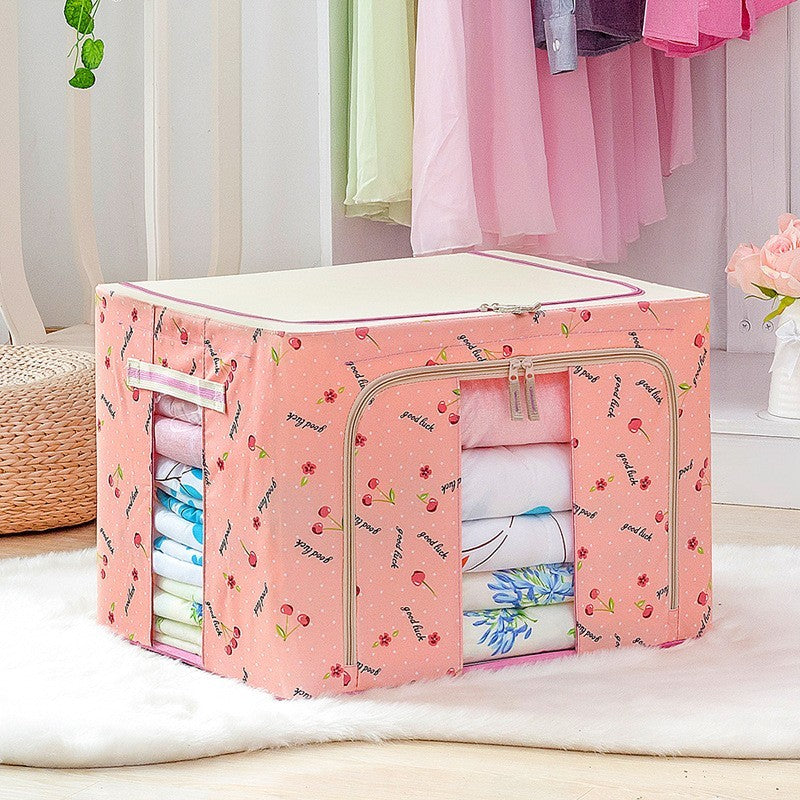 Cutie de Depozitare Pliabila, Flippy, 24 L, Panza Oxford, 40x30x20 cm, Fereastra Frontala, 2 Usi de Acces cu Fermoar Bidirectional, Cadru Metalic, Suport Baza Stabil din Plastic, Imprimeu Cirese, Roz-0