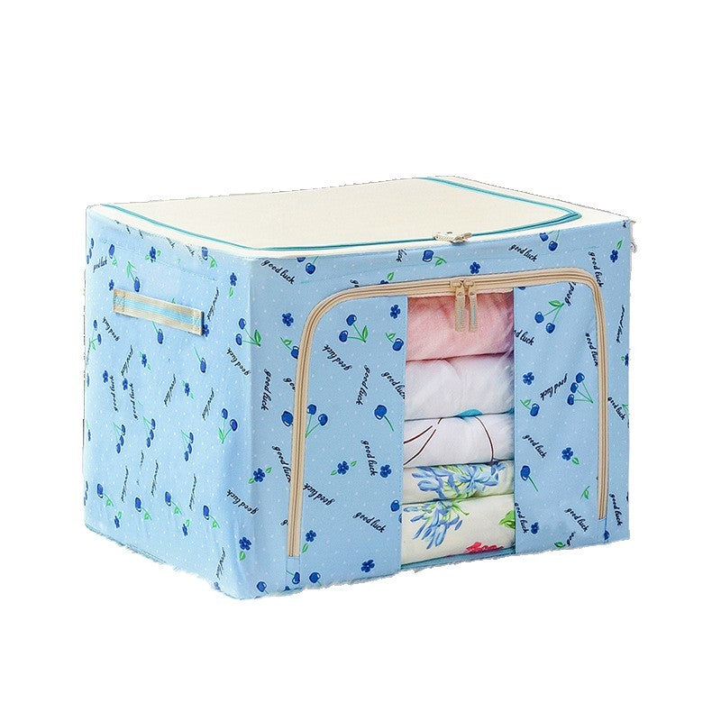 Cutie de Depozitare Pliabila, Flippy, 66 L, din Tesatura Oxford, 50x40x33 cm, Fereastra Frontala, 2 Usi de Acces cu Fermoar Bidirectional, Cadru Metalic, Suport Baza Stabil din Plastic, Imprimeu Cirese, Albastru-2