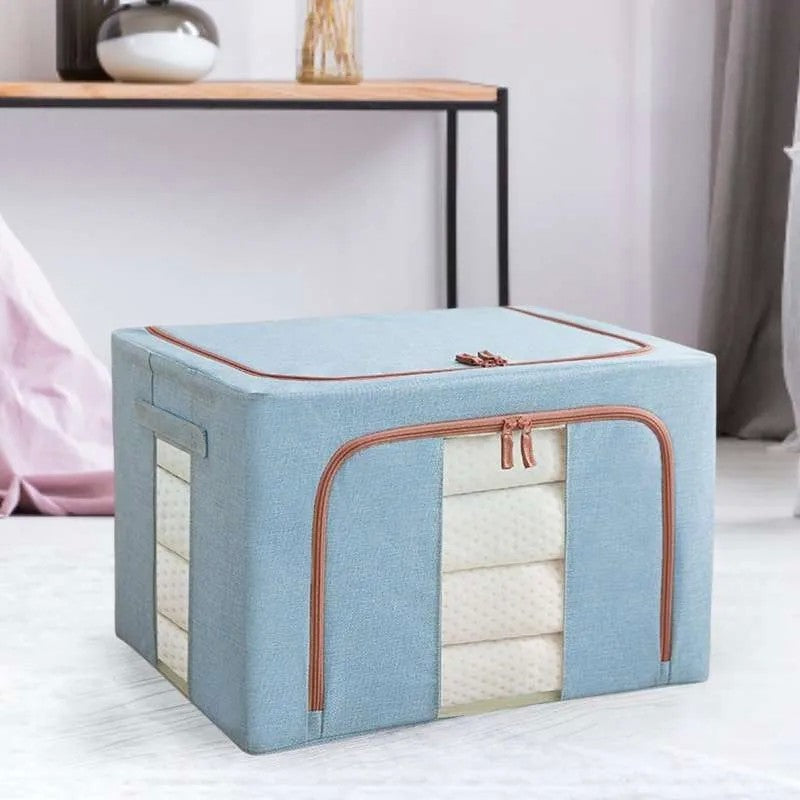 Cutie de Depozitare Pliabila, Flippy, 66 L, din Bumbac si In, 50x40x33 cm, 2 Ferestre, Frontala si Laterala, 2 Usi de Acces cu Fermoar Bidirectional, Cadru Metalic, Suport Baza Stabil din Plastic, Bleu-0