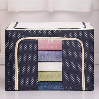 Cutie de Depozitare Pliabila, Flippy, 66 L, din Panza Oxford, 50x40x33 cm, 2 Ferestre, Frontala si Laterala, 2 Usi de Acces cu Fermoar Bidirectional, Cadru Metalic, Suport Baza Stabil din Plastic, Imprimeu Buline, Albastru Marin-2