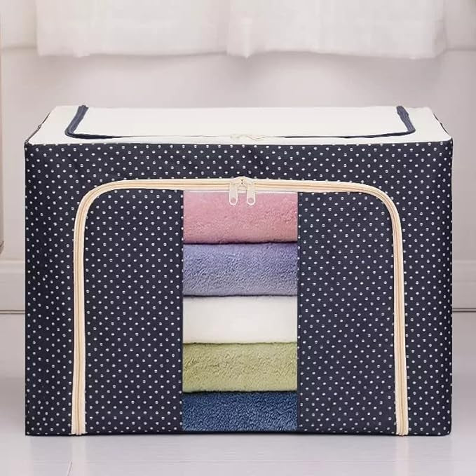 Cutie de Depozitare Pliabila, Flippy, 66 L, din Panza Oxford, 50x40x33 cm, 2 Ferestre, Frontala si Laterala, 2 Usi de Acces cu Fermoar Bidirectional, Cadru Metalic, Suport Baza Stabil din Plastic, Imprimeu Buline, Albastru Marin-2