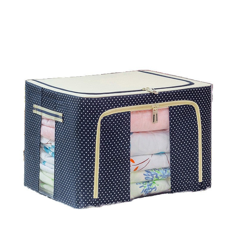 Cutie de Depozitare Pliabila, Flippy, 66 L, din Panza Oxford, 50x40x33 cm, 2 Ferestre, Frontala si Laterala, 2 Usi de Acces cu Fermoar Bidirectional, Cadru Metalic, Suport Baza Stabil din Plastic, Imprimeu Buline, Albastru Marin-3