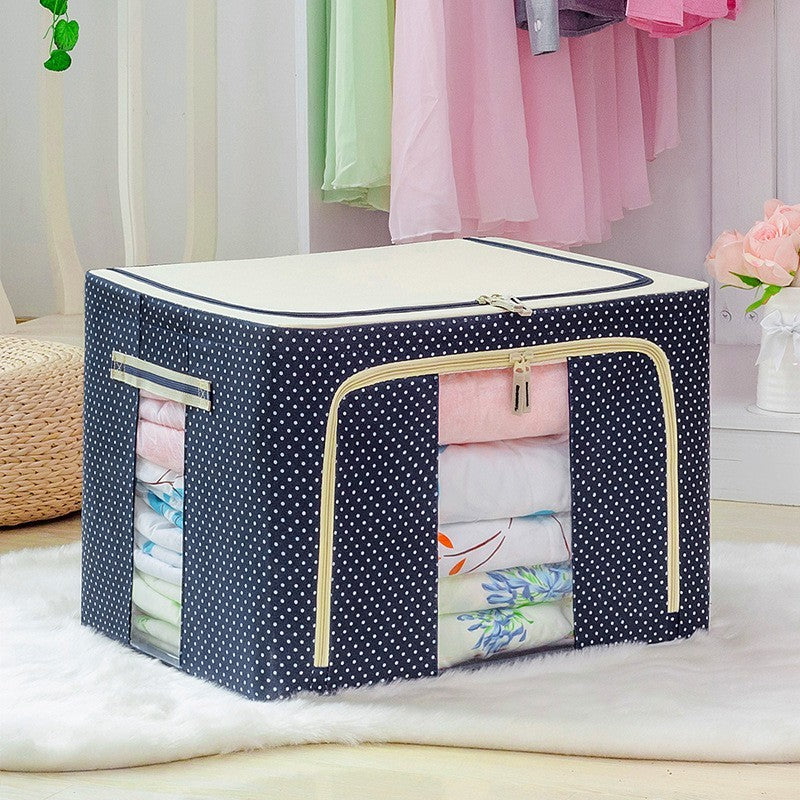 Cutie de Depozitare Pliabila, Flippy, 66 L, din Panza Oxford, 50x40x33 cm, 2 Ferestre, Frontala si Laterala, 2 Usi de Acces cu Fermoar Bidirectional, Cadru Metalic, Suport Baza Stabil din Plastic, Imprimeu Buline, Albastru Marin-0