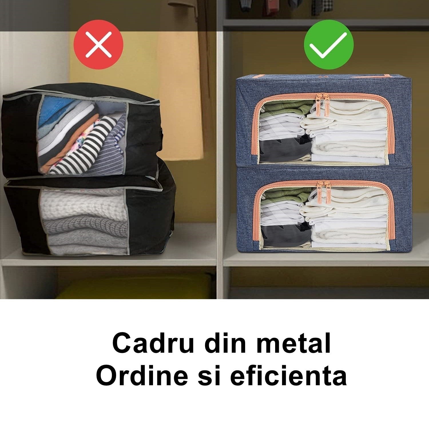 Cutie de depozitare pliabila, Flippy, Cu fermoar, 66 L, Textil, 50x40x33 cm, Albastru Marin, Cadru Metalic, Suport Baza Stabil din Plastic, Cu doua ferestre-0