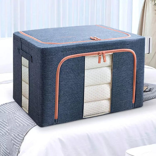 Cutie de depozitare pliabila, Flippy, Cu fermoar, 66 L, Textil, 50x40x33 cm, Albastru Marin, Cadru Metalic, Suport Baza Stabil din Plastic, Cu doua ferestre-1