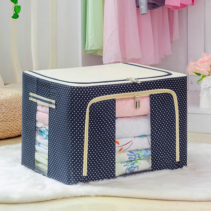 Cutie de Depozitare Pliabila, Flippy, 66 L, din Panza Oxford, 50x40x33 cm, 2 Ferestre, Frontala si Laterala, 2 Usi de Acces cu Fermoar Bidirectional, Cadru Metalic, Suport Baza Stabil din Plastic, Imprimeu Buline, Albastru Marin-1