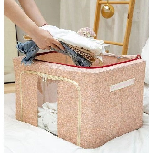 Cutie de Depozitare Pliabila, Flippy, 66 L, din Bumbac si In, 50x40x33 cm, 2 Ferestre, Frontala si Laterala, 2 Usi de Acces cu Fermoar Bidirectional, Cadru Metalic, Suport Baza Stabil din Plastic, Bej-0
