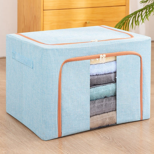 Cutie de Depozitare Pliabila, Flippy, 66 L, din Bumbac si In, 50x40x33 cm, Fereastra Frontala, 2 Usi de Acces cu Fermoar Bidirectional, Cadru Metalic, Suport Baza Stabil din Plastic, Bleu-0