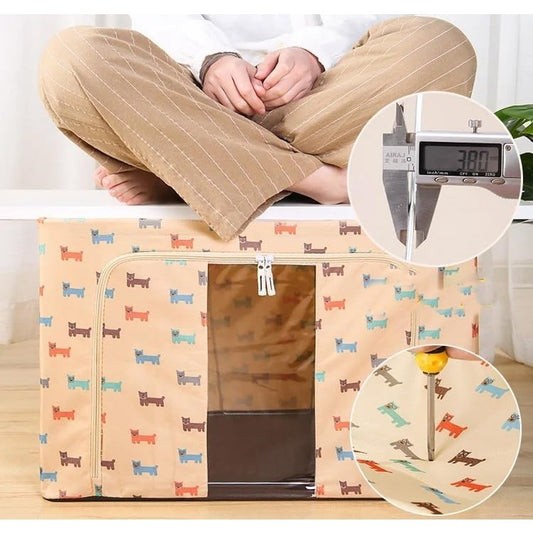 Cutie de Depozitare Pliabila, Flippy, 66 L, Panza Oxford, 50x40x33 cm, Fereastra Frontala, 2 Usi de Acces cu Fermoar Bidirectional, Cadru Metalic, Suport Baza Stabil din Plastic, Imprimeu Catelus, Bej-0