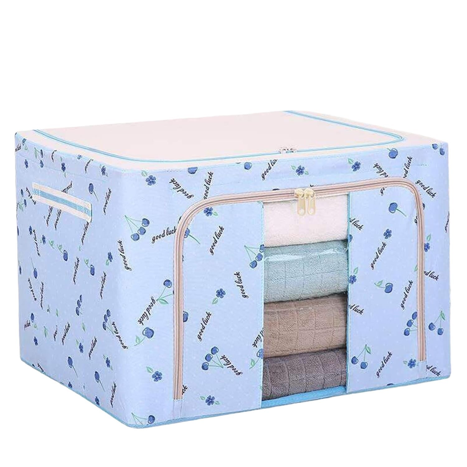 Cutie de Depozitare Pliabila, Flippy, Cu Fermoar, 66 L, Textil, 50x40x33 cm, cu 2 Ferestre, Cadru Metalic, Suport Baza Stabil din Plastic, Imprimeu Cirese, Albastru-5