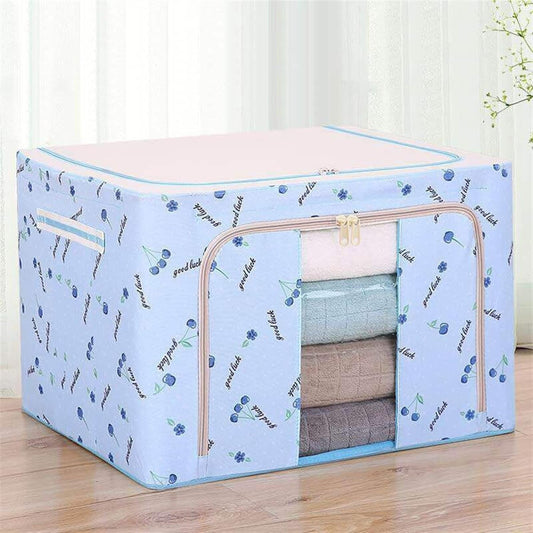 Cutie de Depozitare Pliabila, Flippy, Cu Fermoar, 66 L, Textil, 50x40x33 cm, cu 2 Ferestre, Cadru Metalic, Suport Baza Stabil din Plastic, Imprimeu Cirese, Albastru-0
