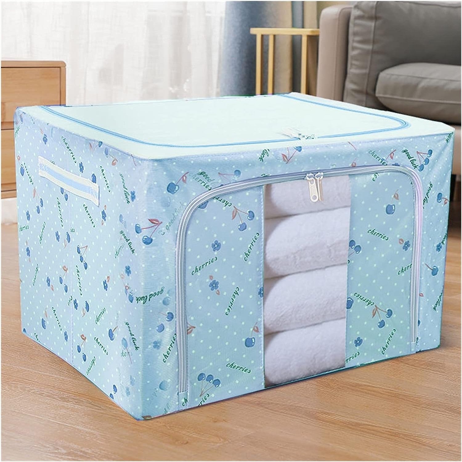 Cutie de Depozitare Pliabila, Flippy, Cu Fermoar, 66 L, Textil, 50x40x33 cm, cu 2 Ferestre, Cadru Metalic, Suport Baza Stabil din Plastic, Imprimeu Cirese, Albastru-2