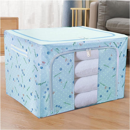 Cutie de Depozitare Pliabila, Flippy, Cu Fermoar, 66 L, Textil, 50x40x33 cm, cu 2 Ferestre, Cadru Metalic, Suport Baza Stabil din Plastic, Imprimeu Cirese, Albastru-2