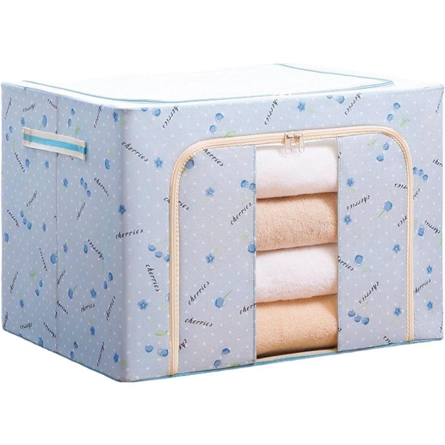 Cutie de Depozitare Pliabila, Flippy, Cu Fermoar, 66 L, Textil, 50x40x33 cm, cu 2 Ferestre, Cadru Metalic, Suport Baza Stabil din Plastic, Imprimeu Cirese, Albastru-3