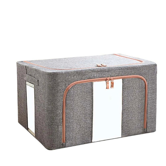 Cutie de depozitare pliabila, Flippy, Cu fermoar, 66 L, Textil, 50x40x33 cm, Gri, Cadru Metalic, Suport Baza Stabil din Plastic, Cu doua ferestre-0