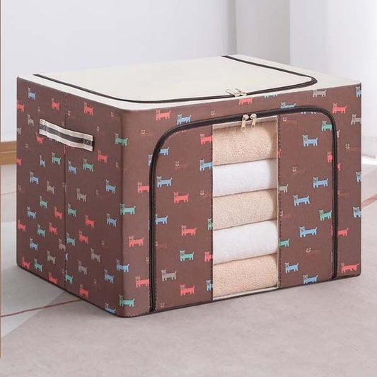 Cutie de Depozitare Pliabila, Flippy, 66 L, din Tesatura Oxford, 50x40x33 cm, Fereastra Frontala, 2 Usi de Acces cu Fermoar Bidirectional, Cadru Metalic, Suport Baza Stabil din Plastic, Imprimeu Catelusi, Maro-0