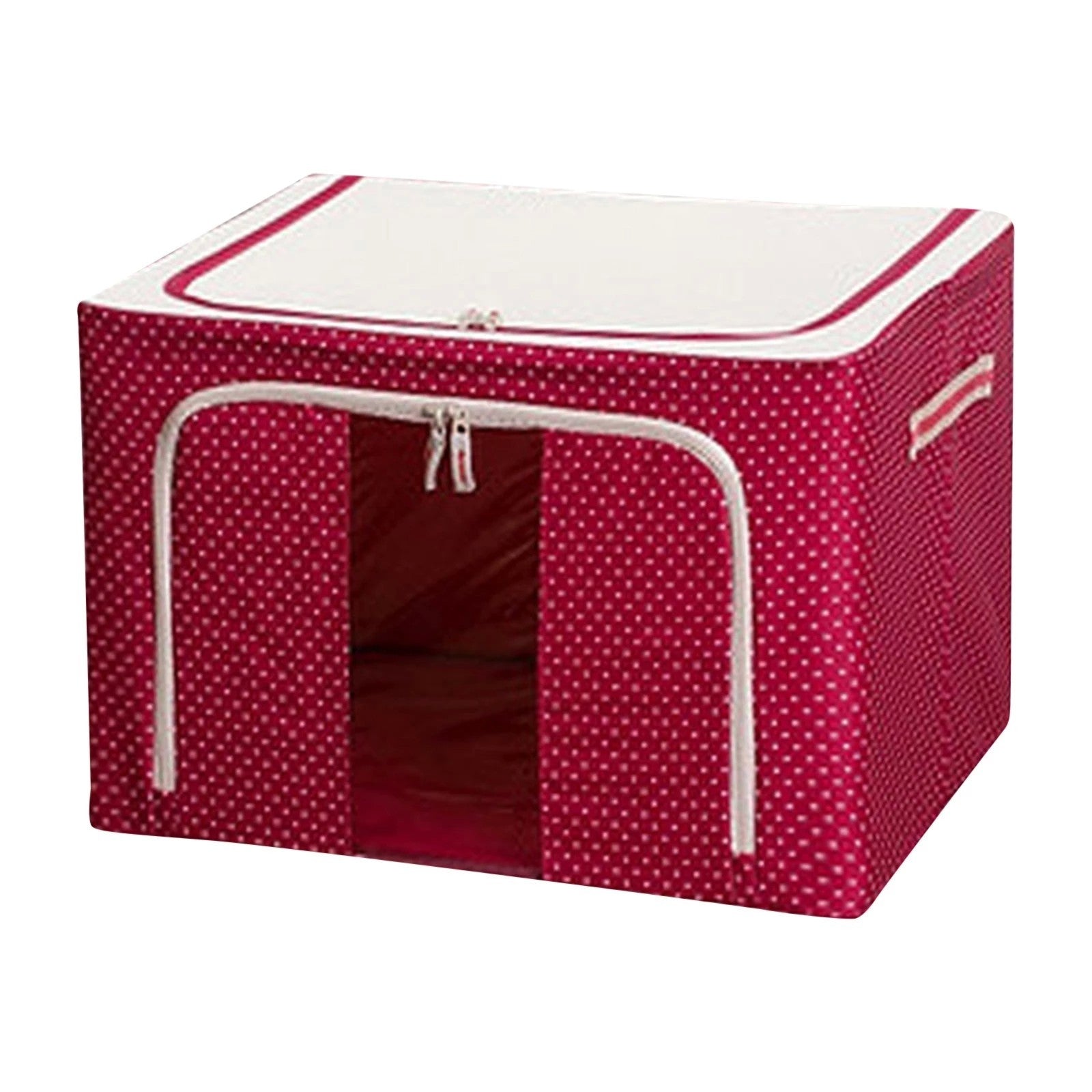 Cutie de Depozitare Pliabila, Flippy, 66 L, din Tesatura Oxford, 50x40x33 cm, Fereastra Frontala, 2 Usi de Acces cu Fermoar Bidirectional, Cadru Metalic, Suport Baza Stabil din Plastic, Imprimeu Buline, Rosu-3