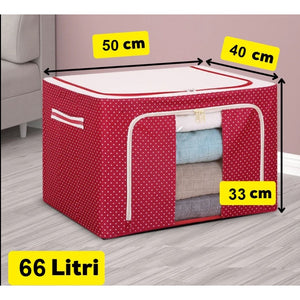 Cutie de Depozitare Pliabila, Flippy, 66 L, din Tesatura Oxford, 50x40x33 cm, Fereastra Frontala, 2 Usi de Acces cu Fermoar Bidirectional, Cadru Metalic, Suport Baza Stabil din Plastic, Imprimeu Buline, Rosu-0