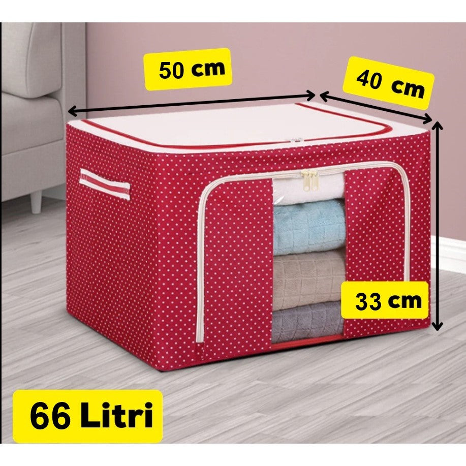 Cutie de Depozitare Pliabila, Flippy, 66 L, din Tesatura Oxford, 50x40x33 cm, Fereastra Frontala, 2 Usi de Acces cu Fermoar Bidirectional, Cadru Metalic, Suport Baza Stabil din Plastic, Imprimeu Buline, Rosu-0