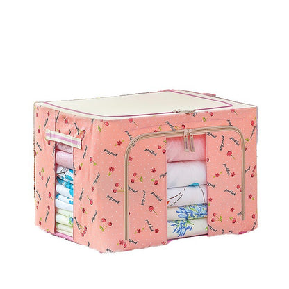 Cutie de Depozitare Pliabila, Flippy, 66 L, din Tesatura Oxford, 50x40x33 cm, 2 Ferestre, Frontala si Laterala, 2 Usi de Acces cu Fermoar Bidirectional, Cadru Metalic, Suport Baza Stabil din Plastic, Imprimeu Cirese, Roz-2