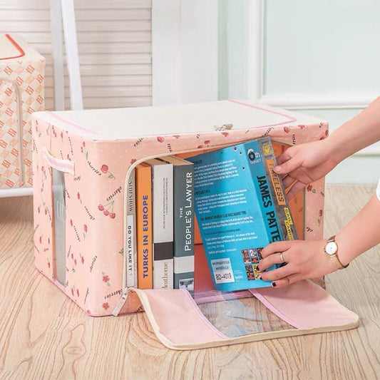 Cutie de Depozitare Pliabila, Flippy, 66 L, din Tesatura Oxford, 50x40x33 cm, 2 Ferestre, Frontala si Laterala, 2 Usi de Acces cu Fermoar Bidirectional, Cadru Metalic, Suport Baza Stabil din Plastic, Imprimeu Cirese, Roz-0