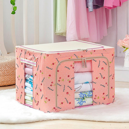 Cutie de Depozitare Pliabila, Flippy, 66 L, din Tesatura Oxford, 50x40x33 cm, 2 Ferestre, Frontala si Laterala, 2 Usi de Acces cu Fermoar Bidirectional, Cadru Metalic, Suport Baza Stabil din Plastic, Imprimeu Cirese, Roz-1