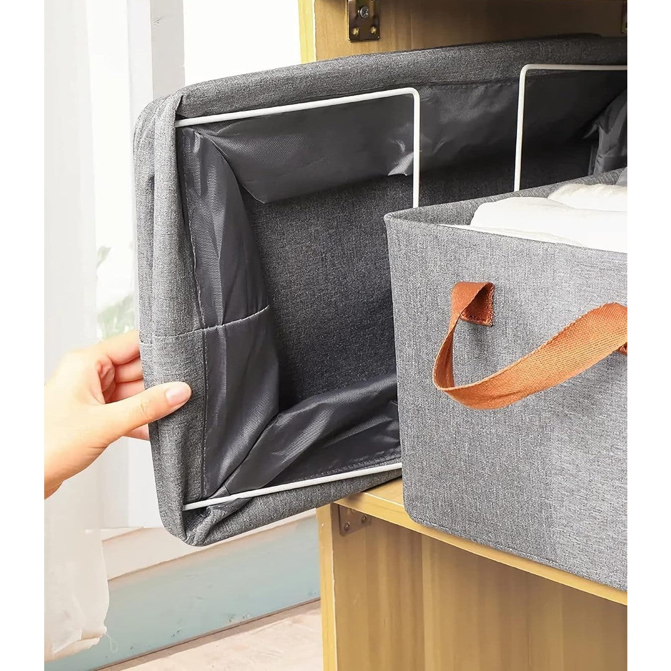 Cutie de Depozitare Tip Cos, Flippy, Material Textil, Pliabila, 47x28x20 cm, 35 l, Cadru Metalic, cu Manere, Maro-1