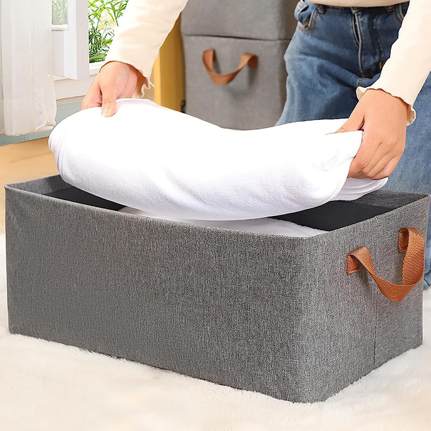 Cutie de Depozitare Tip Cos, Flippy, Material Textil, Pliabila, 47x28x20 cm, 35 l, Cadru Metalic, cu Manere, Maro-3