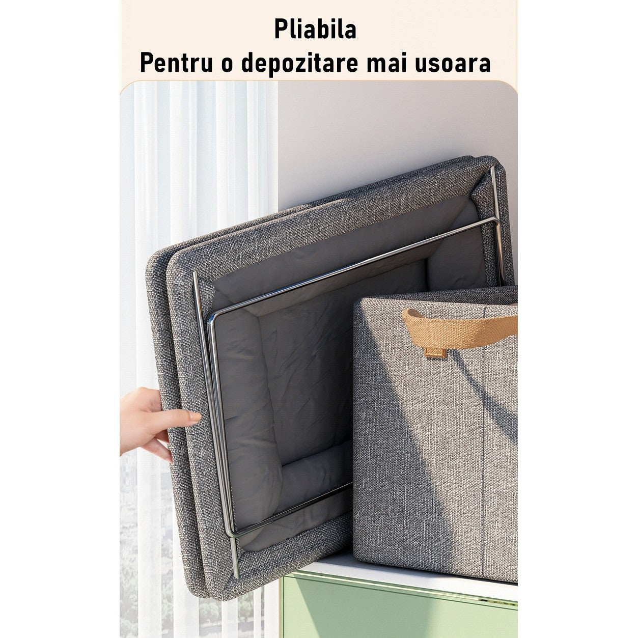 Cutie de depozitare tip cos, Flippy, textil, pliabila, 47x20x28 cm, cadru metalic, cu manere, gri-2