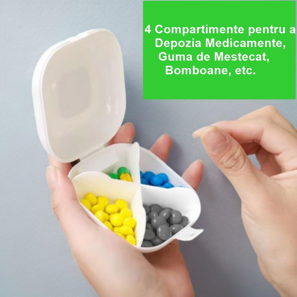 Cutie Depozitare Medicamente, Flippy, 4 Compartimente, Inchidere Etans, Portabila, Patrat, Alb/Negru, PP, 7.6x2.9x7.8 cm-4