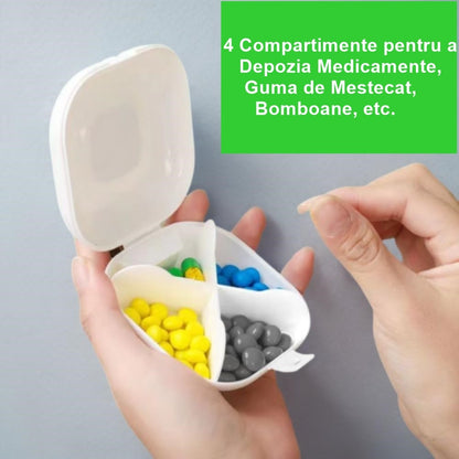 Cutie Depozitare Medicamente, Flippy, 4 Compartimente, Inchidere Etans, Portabila, Patrat, Alb/Negru, PP, 7.6x2.9x7.8 cm-4