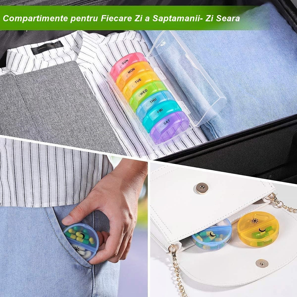 Cutie Depozitare Medicamente, Flippy, 7 Zile, 14 Compartimente, Cutie Suport, Recipiente Detasabile, Portabila, Multicolor, 17.5x11x9.5 cm-5