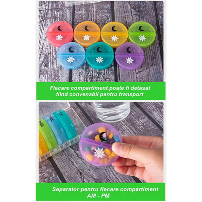 Cutie Depozitare Medicamente, Flippy, 7 Zile, 14 Compartimente, Cutie Suport, Recipiente Detasabile, Portabila, Recipiente Colorate, Suport Negru, 17.5x11x9.5 cm-4