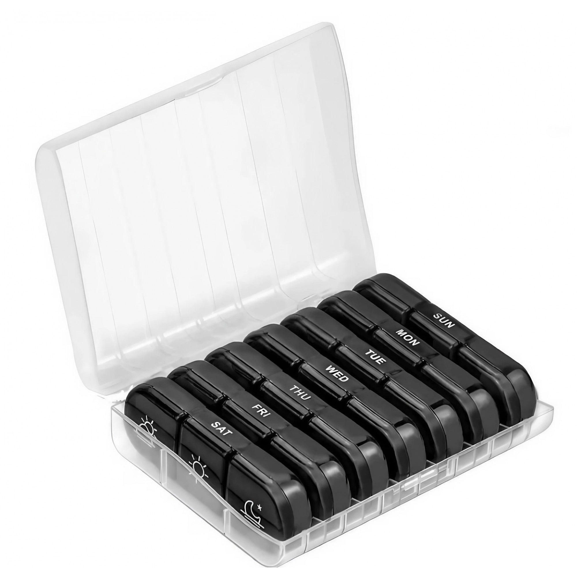 Cutie Depozitare Medicamente, Flippy, 7 Zile, 21 Compartimente, Cutie Suport, Recipiente Detasabile, Portabila, Compartimente Negre, Cutie Transparenta, 15.6x12 cm-0