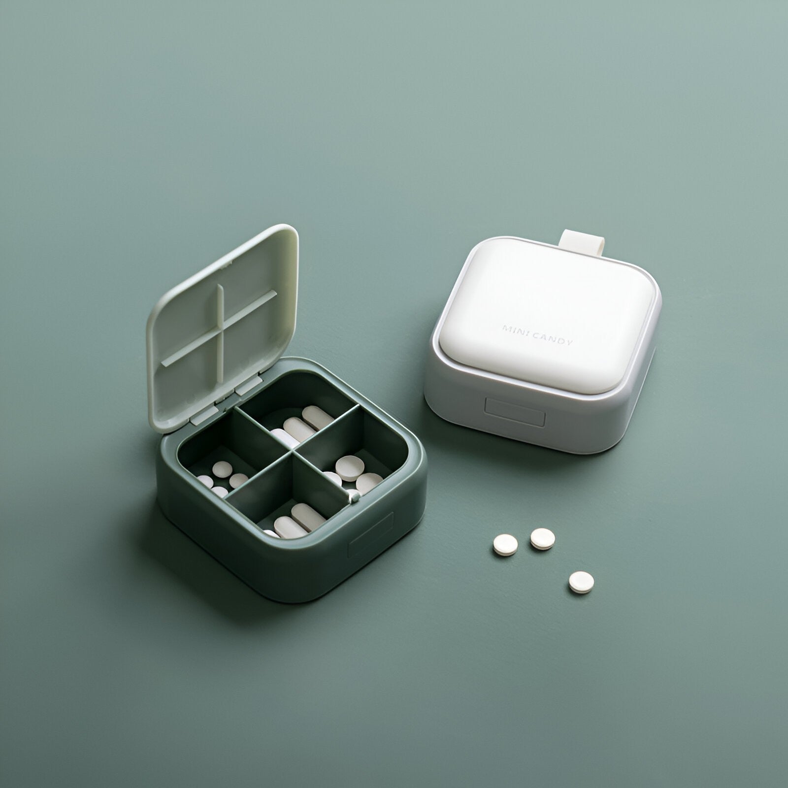 Cutie Depozitare Medicamente Mini, Flippy, 4 Compartimente, Inchidere Etans, Portabila, Patrat, Verde, PP, 7.5x7.5x3 cm-5