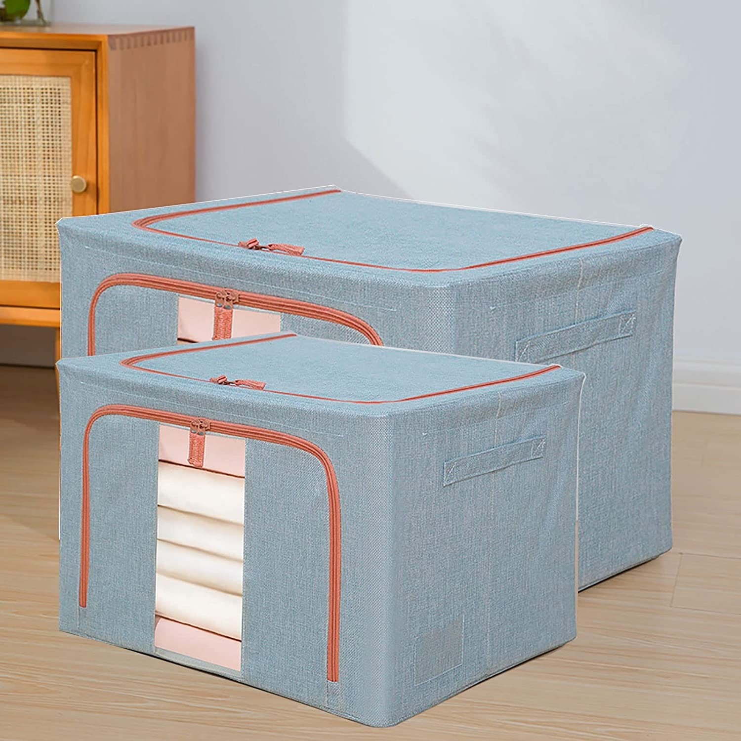 Cutie de Depozitare Pliabila, Flippy, 24 L, din Bumbac si In, 40x30x20 cm, Fereastra Frontala, 2 Usi de Acces cu Fermoar Bidirectional, Cadru Metalic, Suport Baza Stabil din Plastic, Bleu-1