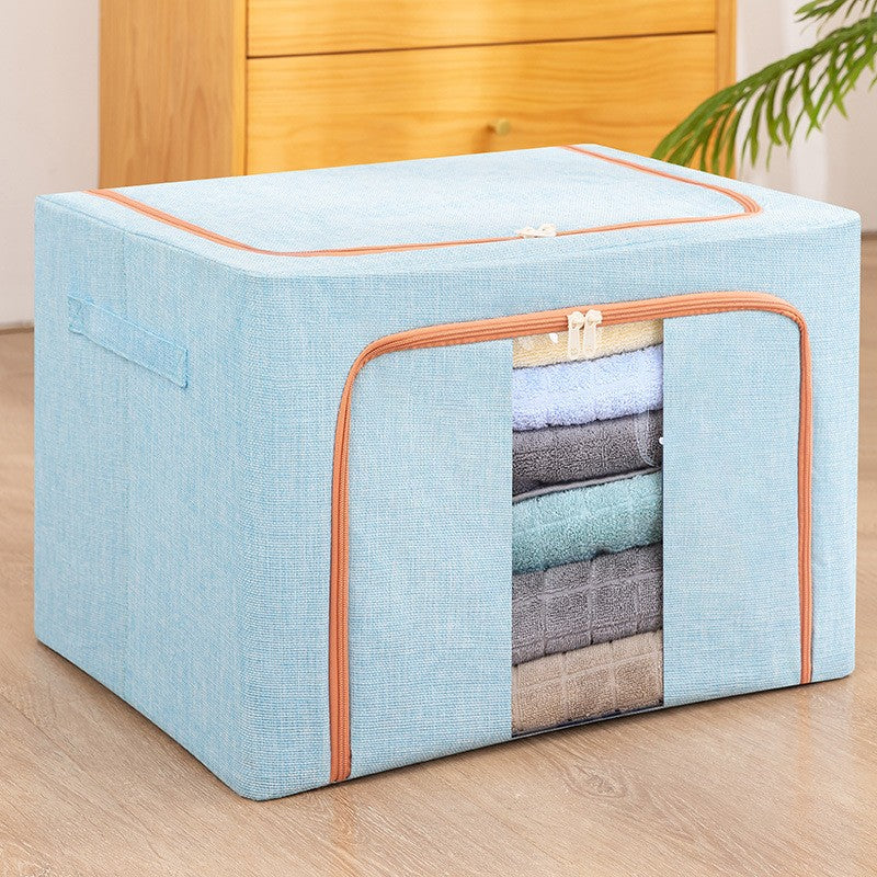 Cutie de Depozitare Pliabila, Flippy, 24 L, din Bumbac si In, 40x30x20 cm, Fereastra Frontala, 2 Usi de Acces cu Fermoar Bidirectional, Cadru Metalic, Suport Baza Stabil din Plastic, Bleu-0