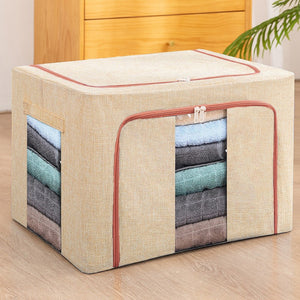 Cutie de Depozitare Pliabila, Flippy, 24 L, din Bumbac si In, 40x30x20 cm, 2 Ferestre, Frontala si Laterala, 2 Usi de Acces cu Fermoar Bidirectional, Cadru Metalic, Suport Baza Stabil din Plastic, Bej-0