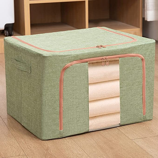 Cutie de Depozitare Pliabila, Flippy, 24 L, din Bumbac si In, 40x30x20 cm, Fereastra Frontala, 2 Usi de Acces cu Fermoar Bidirectional, Cadru Metalic, Suport Baza Stabil din Plastic, Verde-1