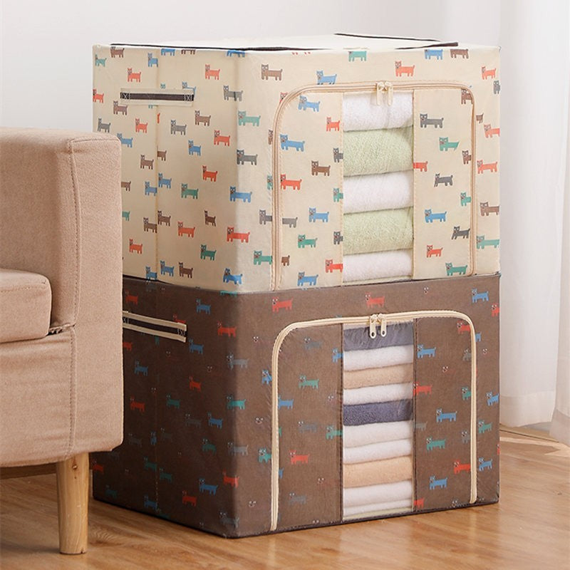 Cutie de Depozitare Pliabila, Flippy, 24 L, Panza Oxford, 40x30x20 cm, Fereastra Frontala, 2 Usi de Acces cu Fermoar Bidirectional, Cadru Metalic, Suport Baza Stabil din Plastic, Imprimeu Catelus, Bej-2