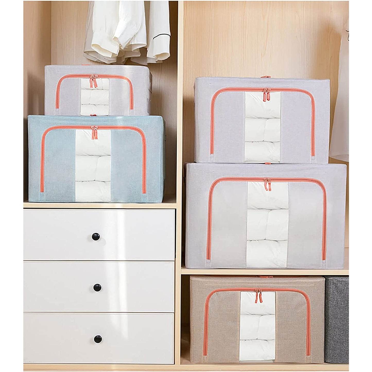 Cutie de Depozitare Pliabila, Flippy, 66 L, din Bumbac si In, 50x40x33 cm, Fereastra Frontala Transparenta, 2 Usi de Acces cu Fermoar Bidirectional, Cadru Metalic, Suport Baza Stabil din Plastic, Bleu-3