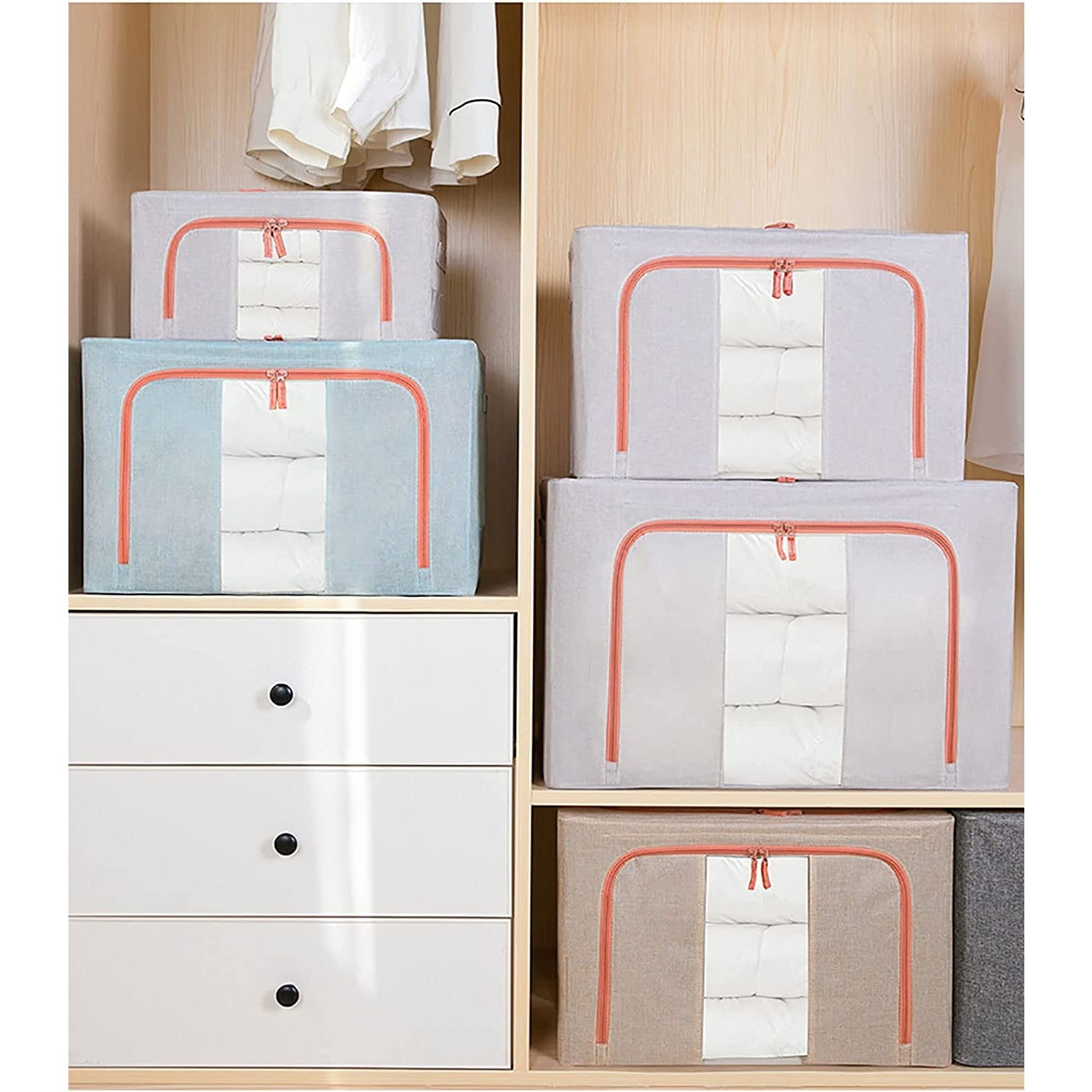 Cutie de Depozitare Pliabila, Flippy, 66 L, din Bumbac si In, 50x40x33 cm, Fereastra Frontala Transparenta, 2 Usi de Acces cu Fermoar Bidirectional, Cadru Metalic, Suport Baza Stabil din Plastic, Bleu-3